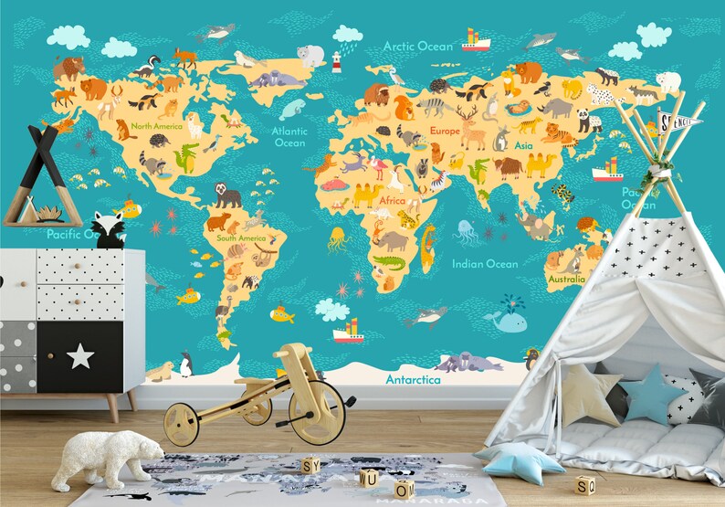 World Map Mural Decal Kids Nursery Map Reusable Decal Kids Etsy