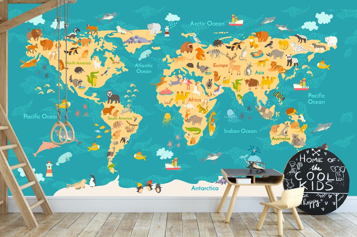 World Map Mural Decal Kids Nursery Map Reusable Decal Kids Etsy