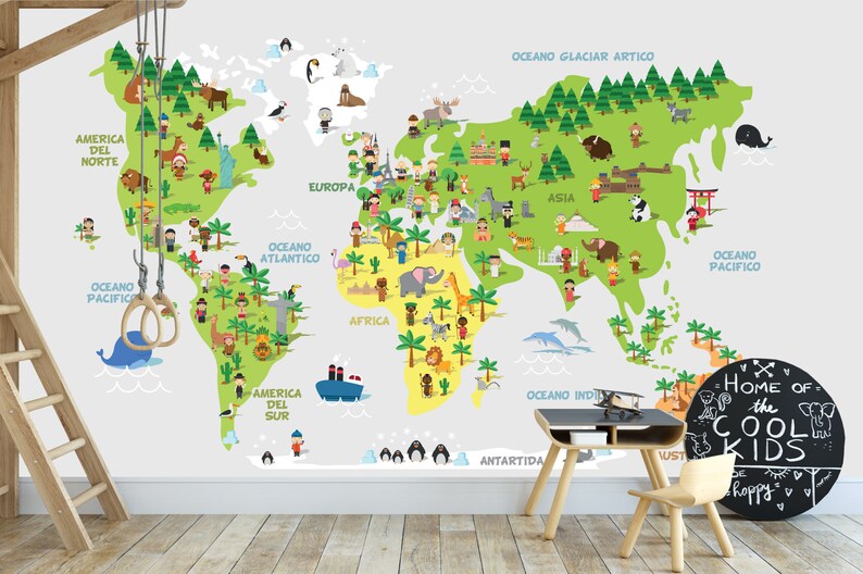 World Map Mural Decal Kids Nursery Map Reusable Decal Kids Etsy