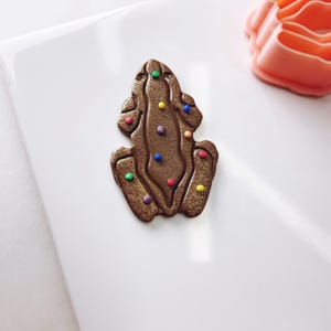 May include: A brown frog-shaped cookie decorated with colorful sprinkles.