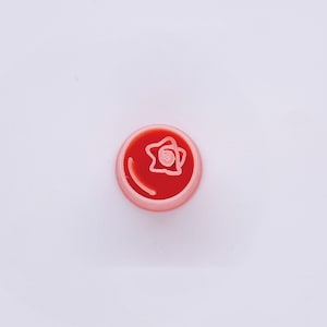 May include: A pink plastic cake decorating tip with a star-shaped design. The tip is red inside.