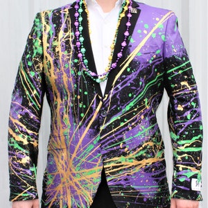 Abito giacca blazer da uomo dipinto a mano - Colori tema Mardi Gras Festival - Abbigliamento formale per i balli del Mardi Gras
