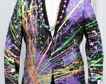 Men's Hand Painted Jacket Blazer Suit - Mardi Gras Festival theme colors - Purple Green Gold Sport Coat