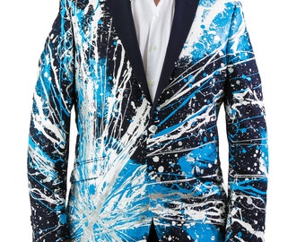 Men's Hand Painted Jacket Blazer Suit - Detroit Lions Football Team colors - Silver Sport Coat