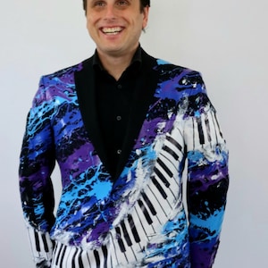 Music Piano Jacket Suit Blazer for Stagewear Men - Purple Blue Splatter Paint Jacket Customized with Piano Keys