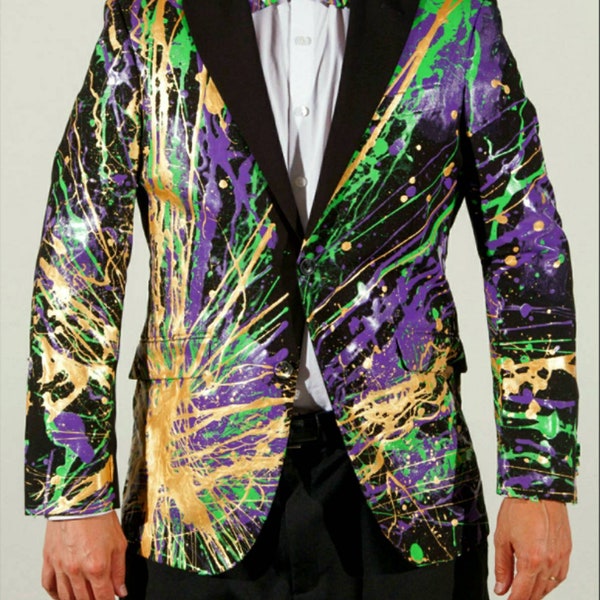 One of a kind Rainbow Painted Jacket, Blue Yellow Purple Burning Man Jacket, Blazer Green Festival Suit Mardi Gras Costume Carnival Costume