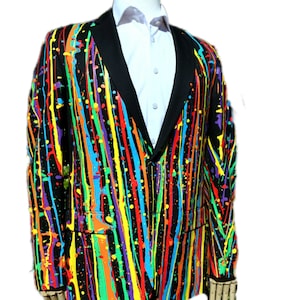 One of a kind Rainbow Painted Jacket, Blue Yellow Purple Burning Man Jacket, Blazer Green Festival Suit Mardi Gras Costume Carnival Costume