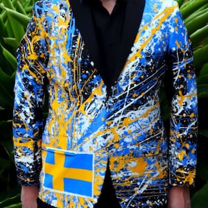 Mens Embroidered Flag Jacket, Painted patriotic blazer, Custom flag personalized, national colors clothing