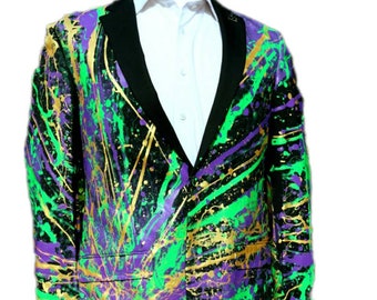 Mens Emerald Green Mardi Gras Blazer with Black Satin Lapel – Paisley Swirl Pattern Formal Party Jacket
