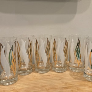 Vintage set of 6 gold and white swirl flame mid century modern highball glasses