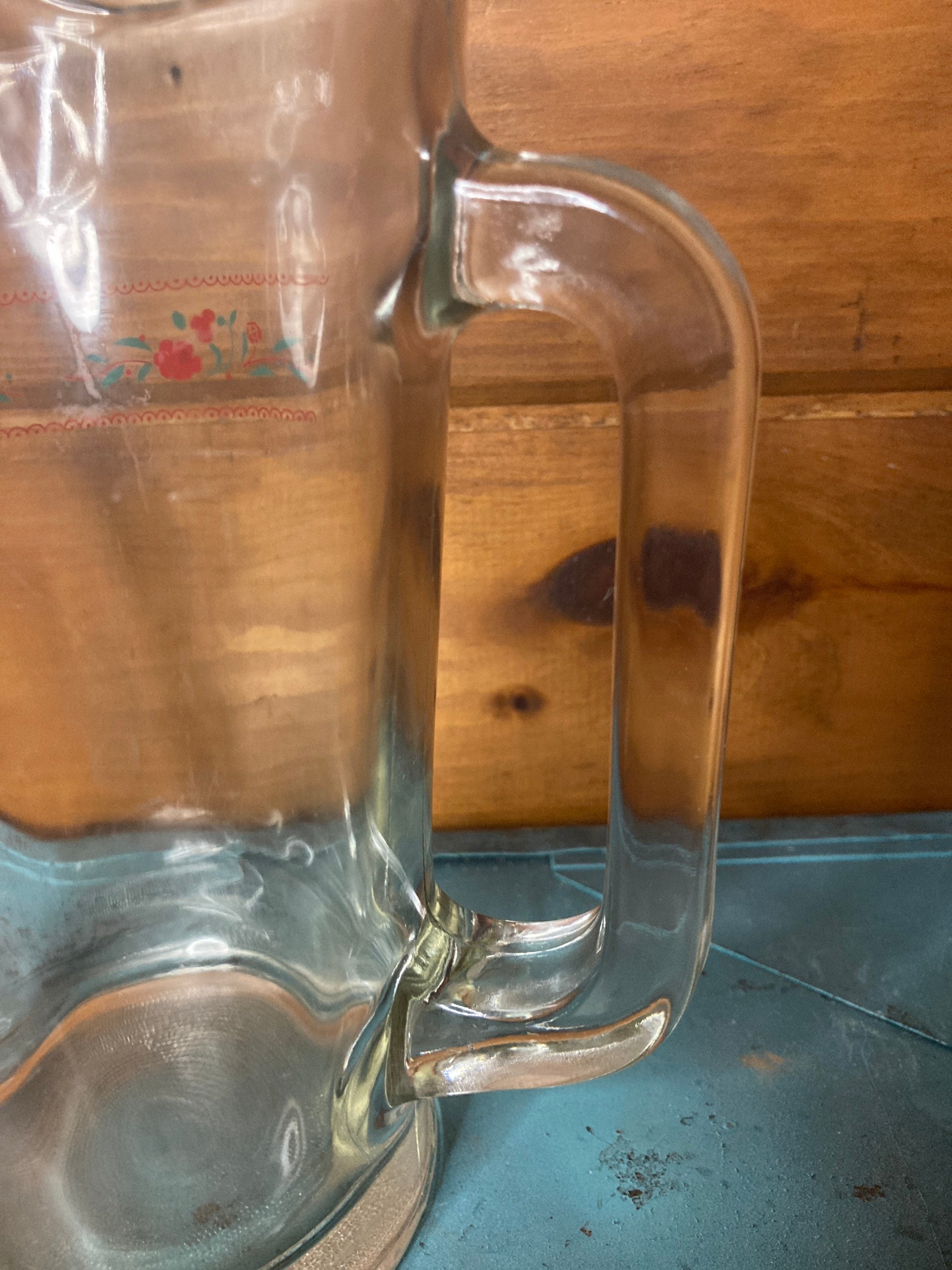 Vintage Heavy Glass Pitcher With Small Red Floral Design. Etsy