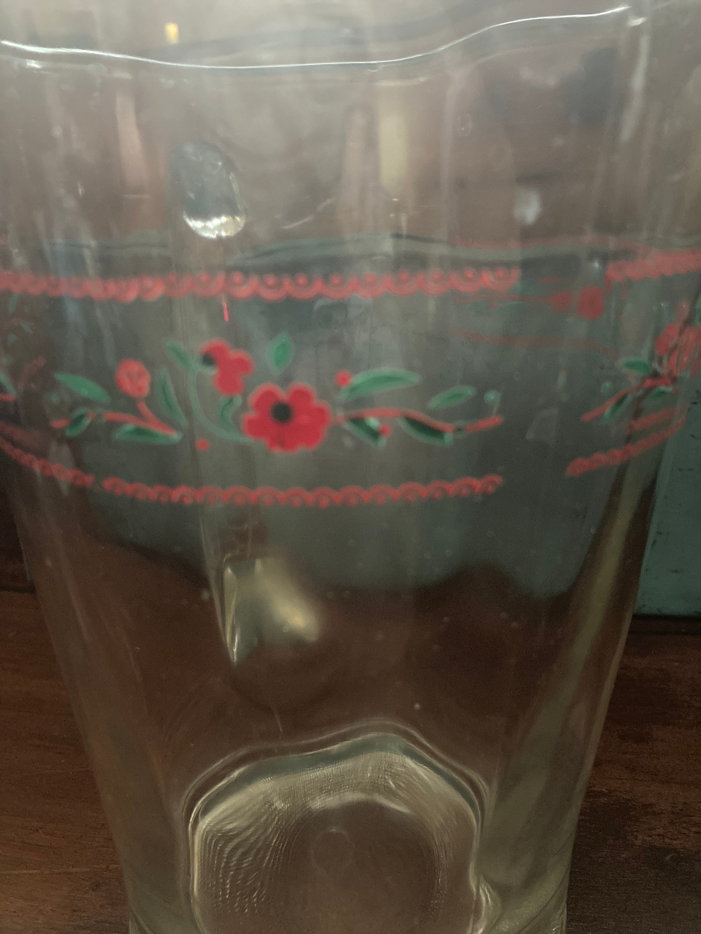 Vintage Heavy Glass Pitcher With Small Red Floral Design. Etsy