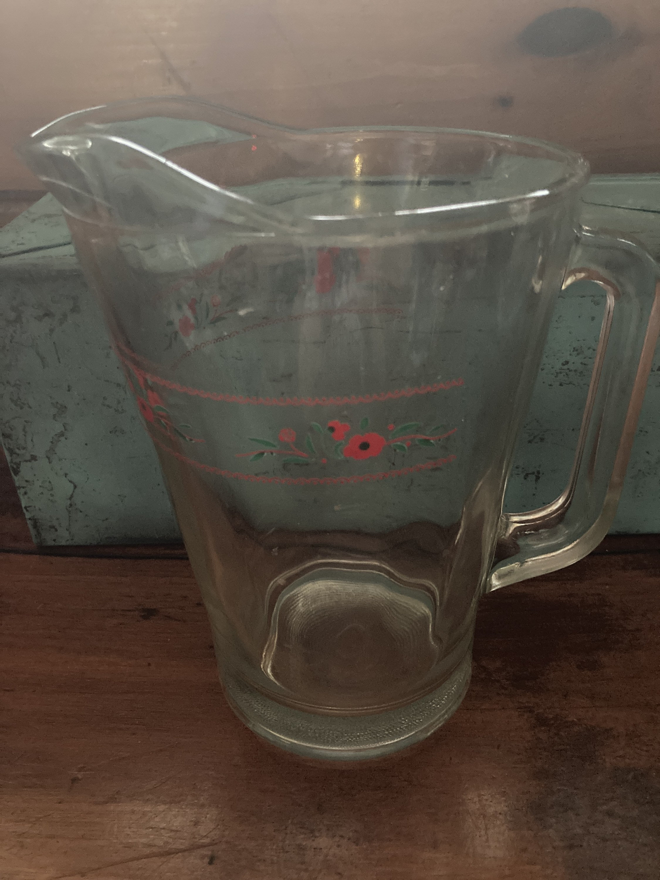 Vintage Heavy Glass Pitcher With Small Red Floral Design. Etsy