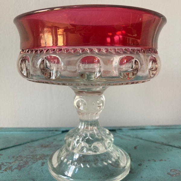 Vintage Indiana glass Kings crown candy dish, compote in. Lear glass cranberry red trim