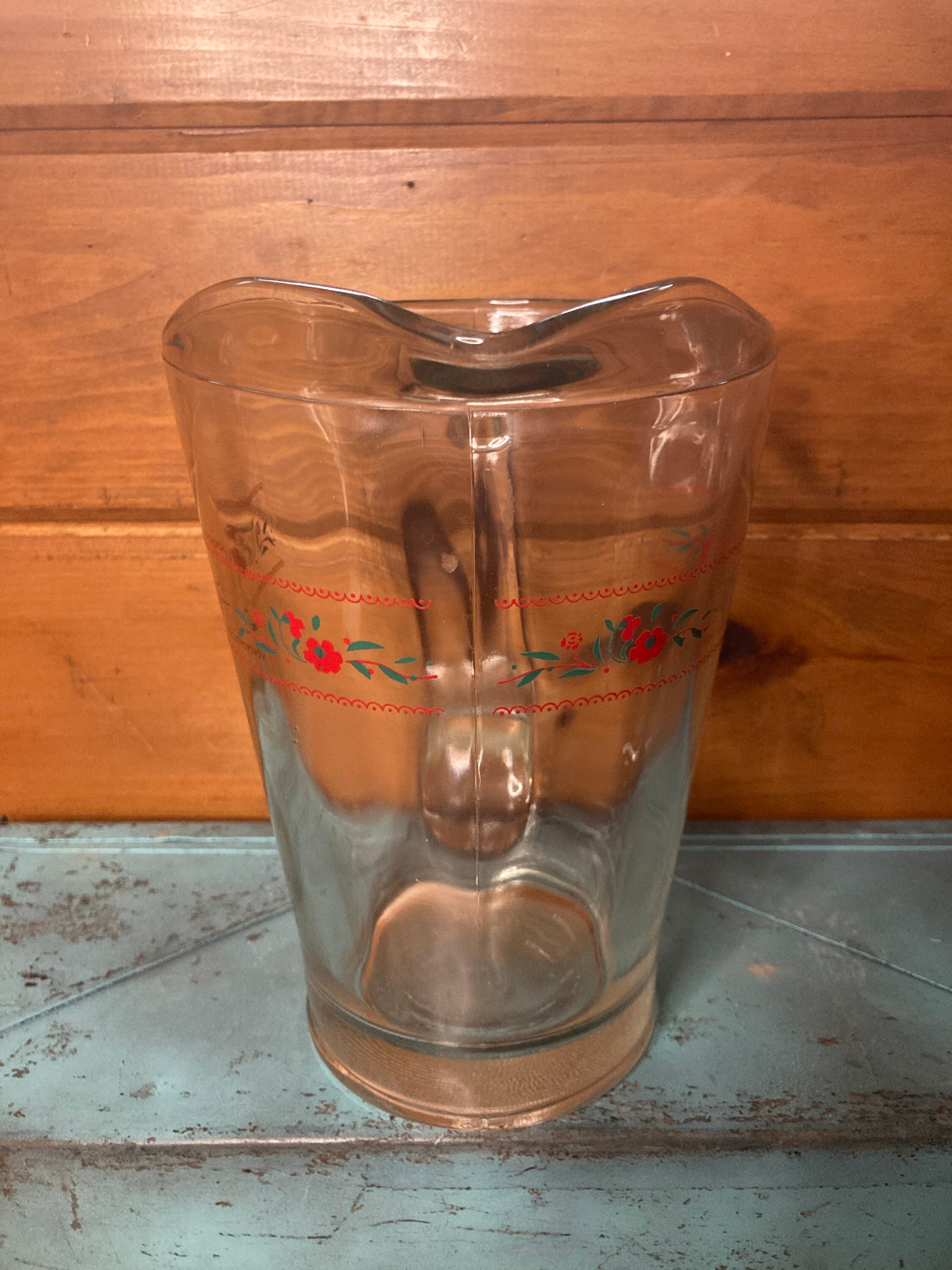Vintage Heavy Glass Pitcher With Small Red Floral Design. Etsy