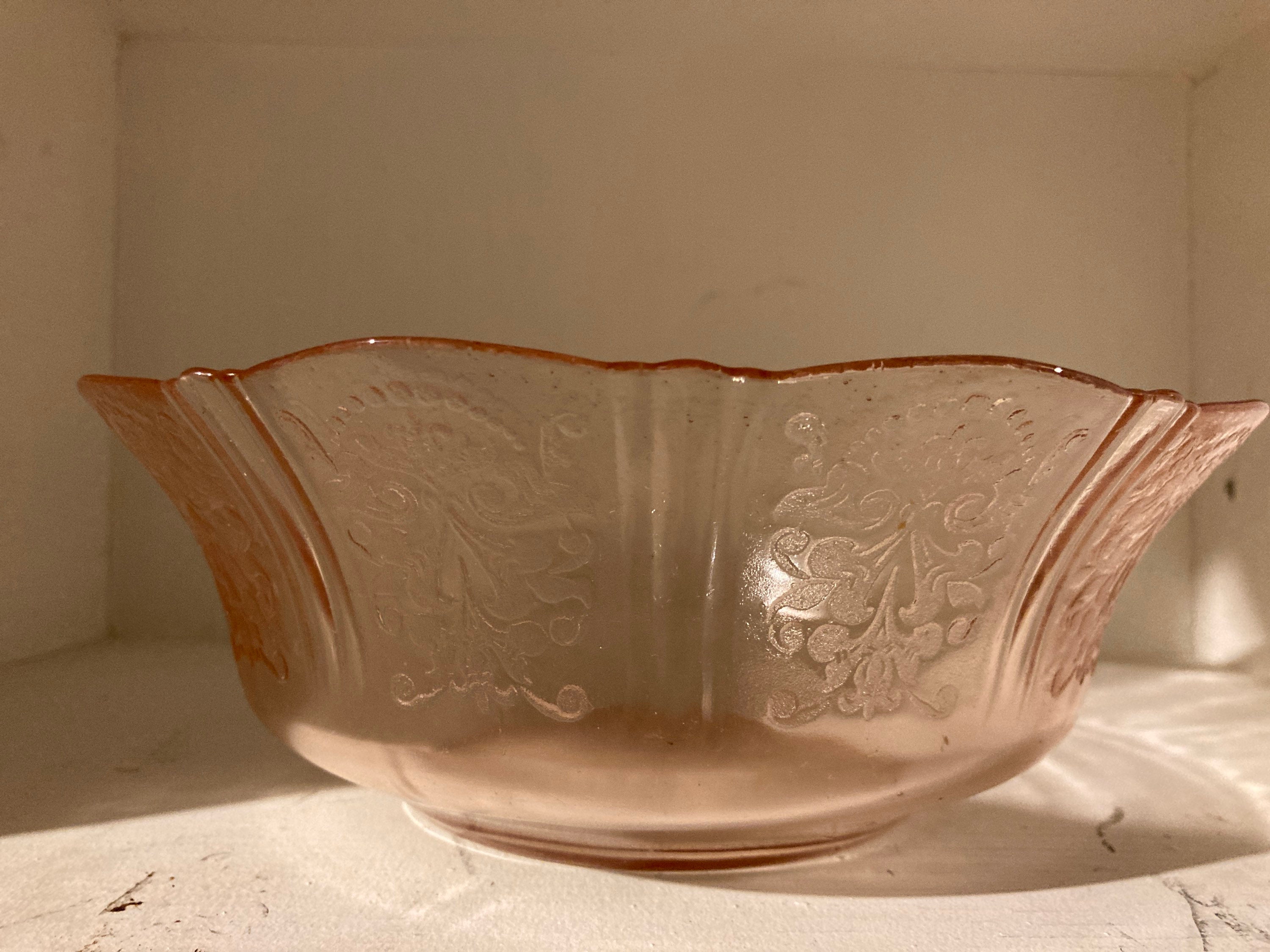 Vintage pink depression glass serving bowl with scalloped rim Etsy