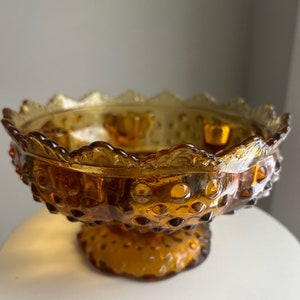 Vintage marked Fenton No. 3872 colonial amber glass hobnail candle bowl