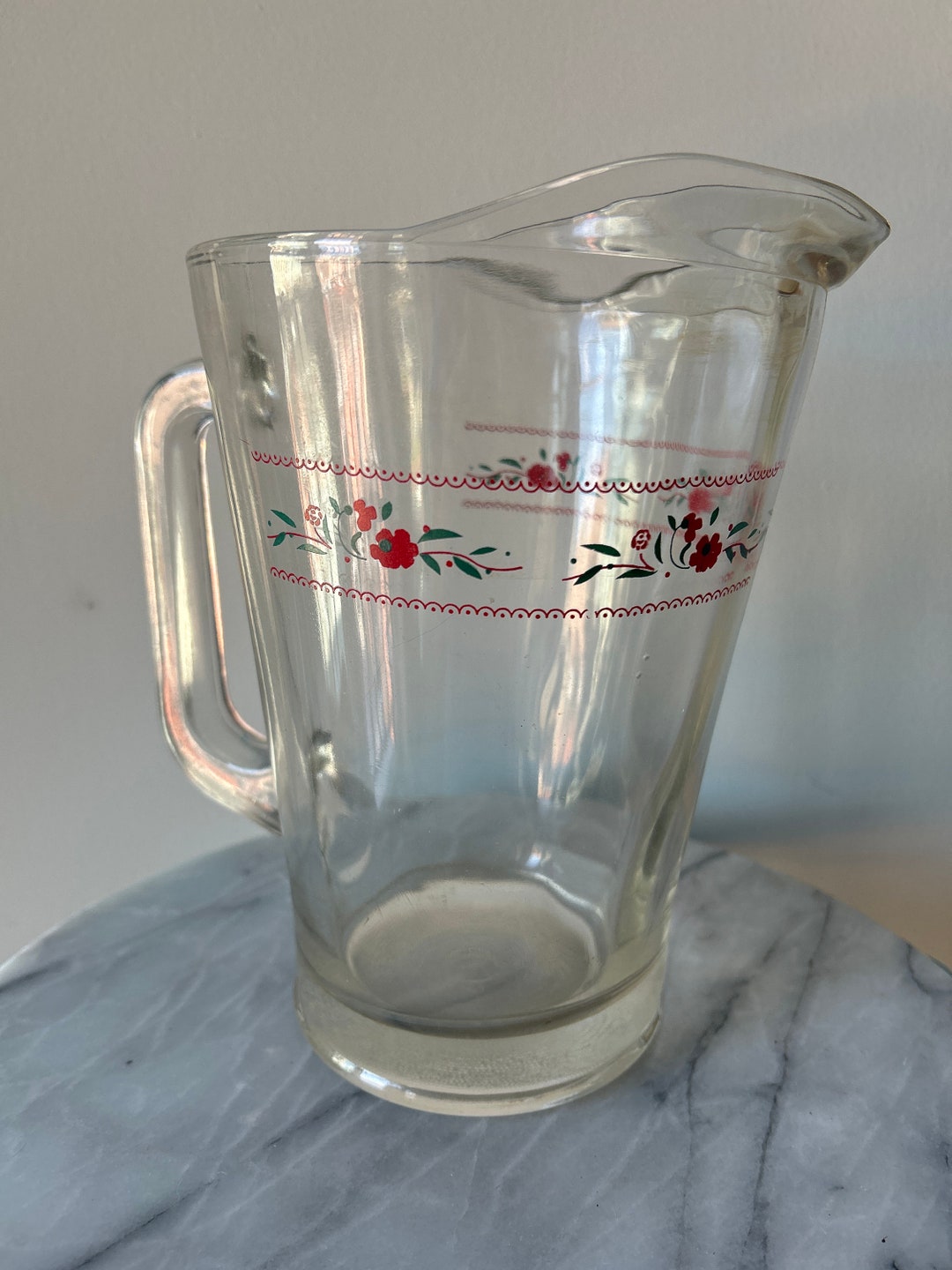 Vintage Heavy Glass Pitcher With Small Red Floral Design. Etsy