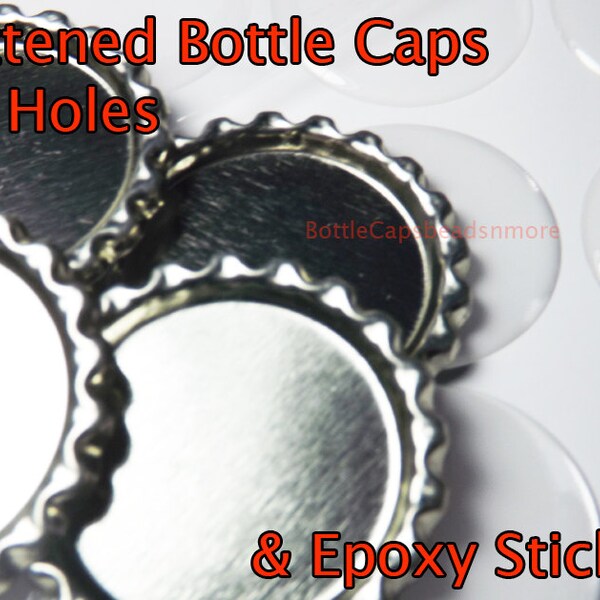 200 Flattened Bottle caps and 200 epoxy stickers -NO HOLES- Flat Bottlecap and Epoxy dome combo pack for diy Hairbows  bows