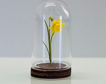Handmade Miniature Paper Daffodil Flower in Glass Cloche