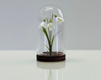 Handmade Miniature Paper Snowdrop Flower in Glass Cloche