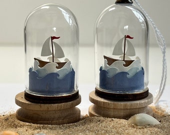 Coastal Themed Miniature Glass Dome with a Paper Sailing Boat