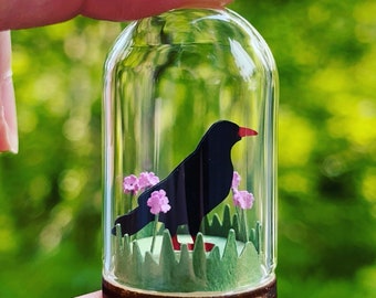 Miniature Cornish Chough Glass Dome Decoration