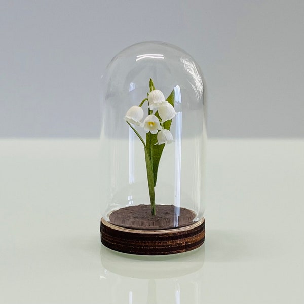 Handmade Miniature Paper Lily of the Valley Flower in Glass Cloche