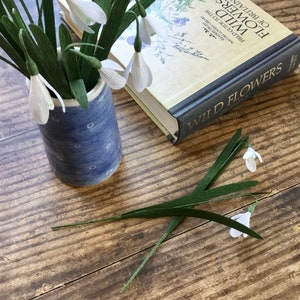 May include: A bouquet of white paper snowdrop flowers in a blue and white ceramic vase. The vase has a speckled pattern. The flowers are arranged on a wooden table next to a book titled "Wild Flowers of Britain".