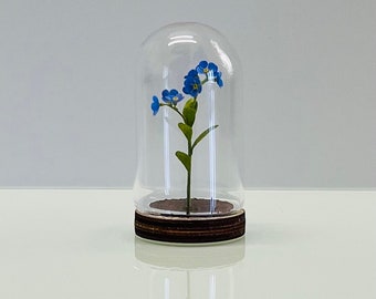 Handmade Miniature Paper Forget me Not Flower in Glass Cloche