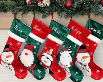 Velvet Red and Green Character Christmas Stocking personalized, Embroidered for Family, Kids, Pets, Dogs and Cats