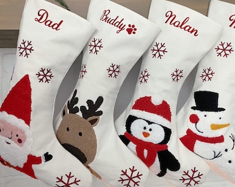 Personalized Linen Christmas Stockings 2025, Family Matching Stockings, Custom Name for Pets or Kids, Embroidered Cream Holiday Mantel Decor