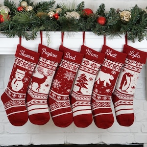 Christmas Stockings Knit Holiday Décor, Custom Stocking Personalized for Dog or Family, Cozy Red Christmas Mantel Decor 2025