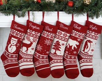 Christmas Stockings Knit Holiday Décor, Custom Stocking Personalized for Dog or Family, Cozy Red Christmas Mantel Decor 2025