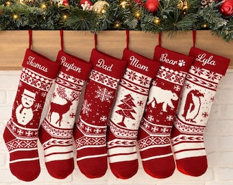 Christmas Stockings Knit Holiday Décor, Custom Stocking Personalized for Dog or Family, Cozy Red Christmas Mantel Decor 2025