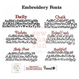 May include: A chart of embroidery fonts with the names "Daily", "Chalk", "Violetta", "Baked Fresh", "Baby Point", "Nightfall", and "Peanut". Each font name is displayed in the corresponding font style.
