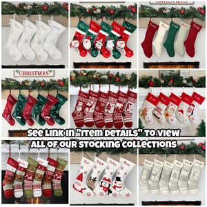 May include: A collection of various Christmas stockings featuring diverse designs including knit patterns, embroidered names, holiday characters like Santa and snowmen, and festive colors such as red, green, white, and grey, all hanging in rows.
