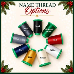 May include: A circular arrangement of nine embroidery thread spools in black, dark gray, gray, navy, gold, cream, white, red, and Christmas green. The text NAME THREAD Options is centered at the top with pine and berry accents.