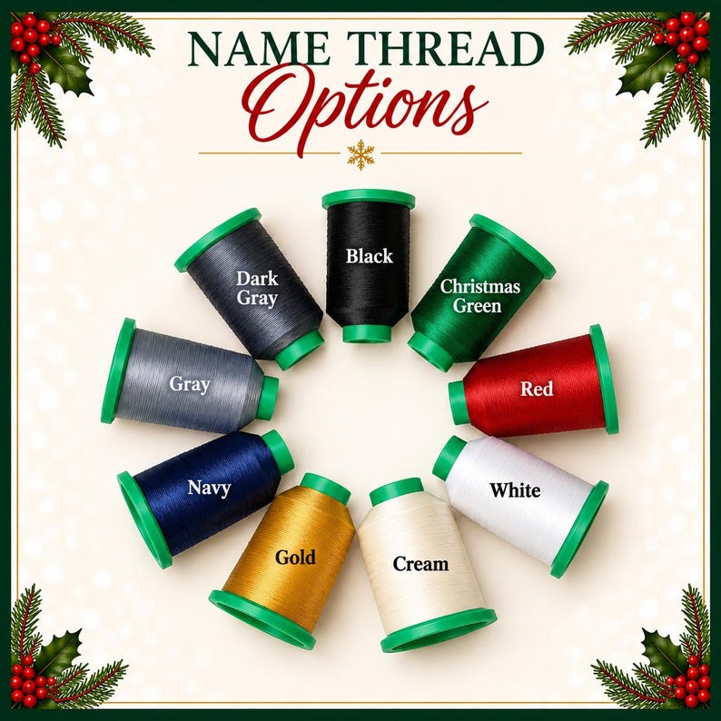 May include: A circular arrangement of nine embroidery thread spools in black, dark gray, gray, navy, gold, cream, white, red, and Christmas green. The text NAME THREAD Options is centered at the top with pine and berry accents.