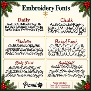 May include: A chart titled Embroidery Fonts displaying six distinct alphabet styles labeled Daily, Chalk, Violetta, Baked Fresh, Baby Point, and Nightfall, plus a Peanut font option with a paw print icon and text regarding name customization.