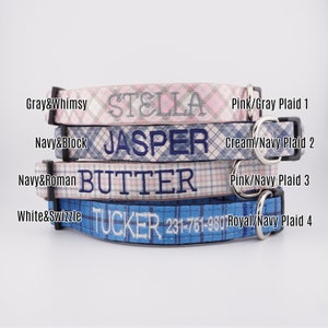 May include: Four stacked dog collars featuring plaid patterns in pink/gray, cream/navy, pink/navy, and royal/navy. Each collar is embroidered with names: STELLA, JASPER, BUTTER, and TUCKER with a phone number. Includes black buckles and metal D-rings.