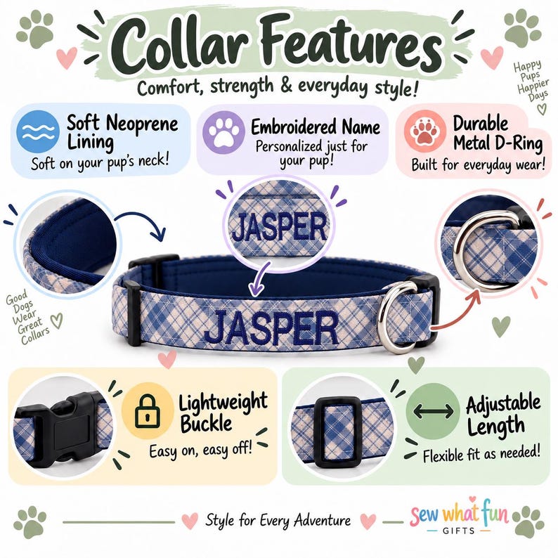 May include: A blue and white plaid dog collar featuring the embroidered name JASPER in dark blue thread. The collar includes a soft dark blue neoprene lining, a silver metal D-ring, a black plastic buckle, and an adjustable sliding component.