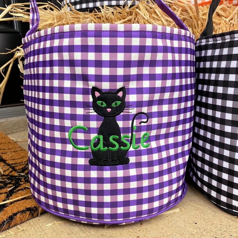 May include: Purple and white gingham trick or treat bucket with a black cat and the name "Cassie" embroidered in green.
