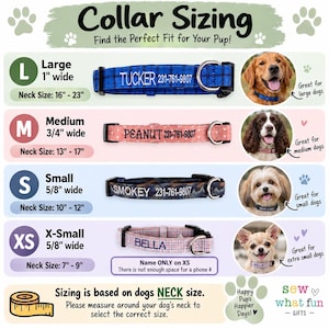 May include: A dog collar sizing chart featuring four collars in blue plaid, pink heart print, dark mountain print, and light pink plaid. Each collar displays a name and phone number, except the extra-small size which shows a name only. Includes neck size ranges in inches and width measurements.