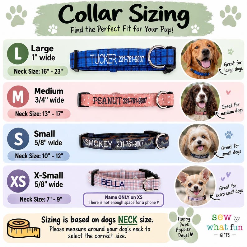 May include: A dog collar sizing chart featuring four collars in blue plaid, pink heart print, dark mountain print, and light pink plaid. Each collar displays a name and phone number, except the extra-small size which shows a name only. Includes neck size ranges in inches and width measurements.