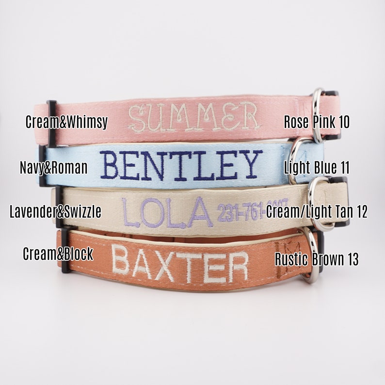 May include: Five dog collars in different colors with embroidered names: Summer, Bentley, Lola, Baxter. The collars are stacked on top of each other, with the top collar being pink and the bottom collar being brown. The collars are labeled with their color and size.