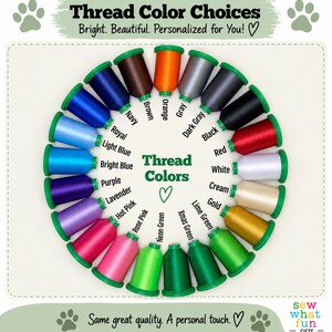 May include: A circular arrangement of twenty-one embroidery thread spools in various colors, including navy, brown, orange, gray, dark gray, black, red, white, cream, gold, lime green, xmas green, neon green, rose pink, hot pink, lavender, purple, bright blue, light blue, and royal. Text reads Thread Color Choices, Thread Colors, and Sew what fun Gifts.