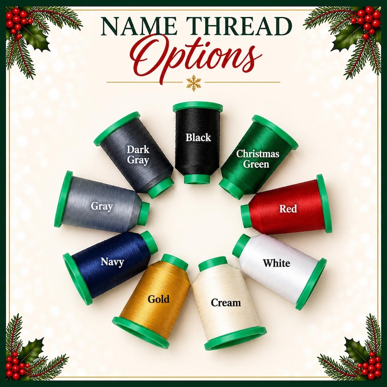 May include: A circular arrangement of nine embroidery thread spools in black, dark gray, gray, navy, gold, cream, white, red, and Christmas green. The text NAME THREAD Options is centered at the top with pine and berry accents.