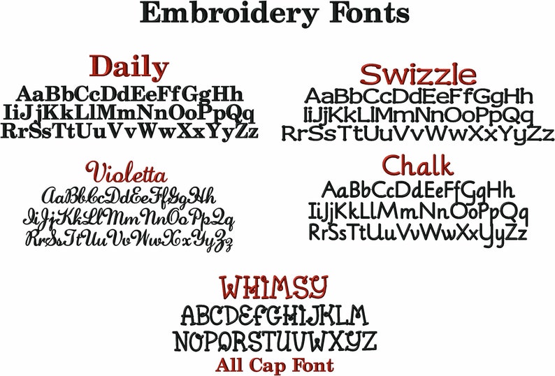 K&ouml;nnte beinhalten: Eine Grafik mit verschiedenen Stickfontstilen. Die Schriftarten sind mit "Daily", "Swizzle", "Violetta", "Chalk" und "Whimsy" beschriftet. Die Schriftart "Whimsy" ist eine Gro&szlig;buchstaben-Schriftart.