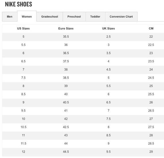 grade school sizes to women's nike